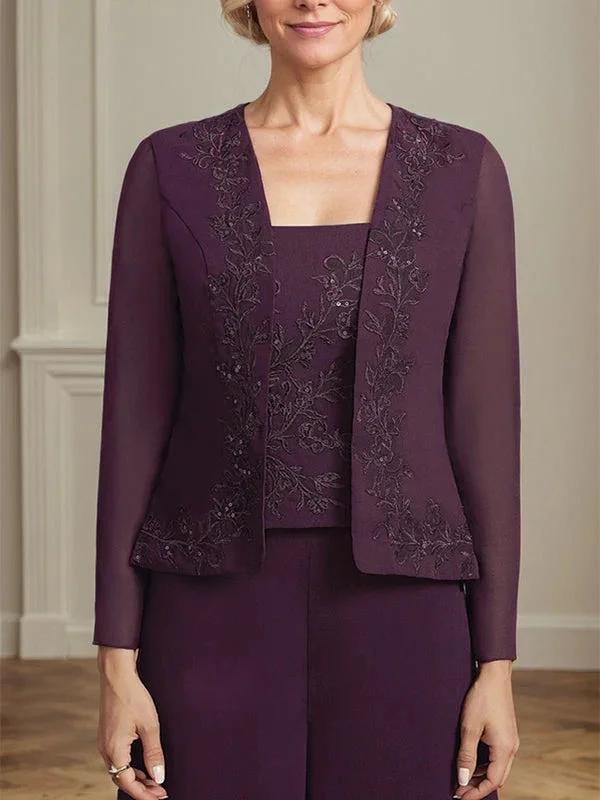 Separates Jumpsuit/Pantsuit Square Ankle-Length Lace Chiffon Mother of the Bride Dress With Sequins - Image 4