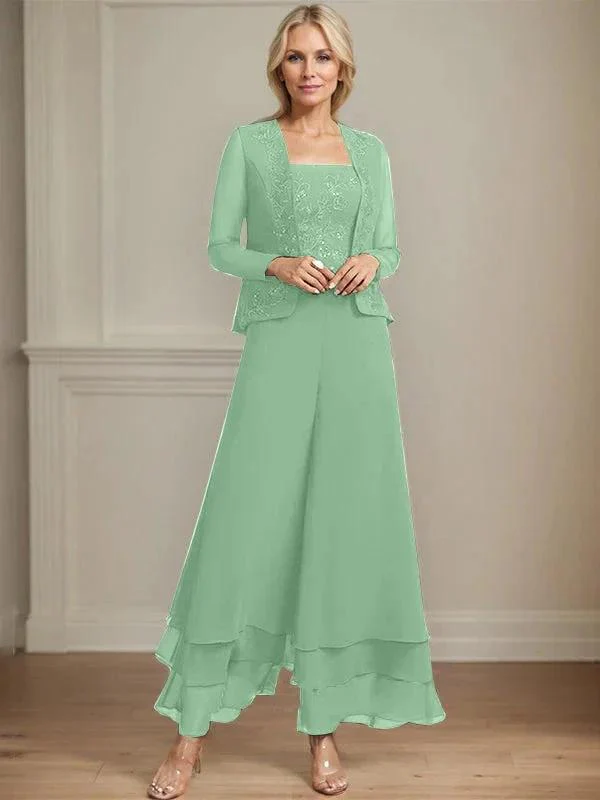 Separates Jumpsuit/Pantsuit Square Ankle-Length Lace Chiffon Mother of the Bride Dress With Sequins - Image 41