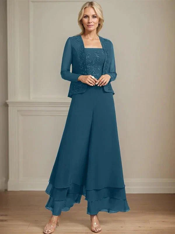 Separates Jumpsuit/Pantsuit Square Ankle-Length Lace Chiffon Mother of the Bride Dress With Sequins - Image 43