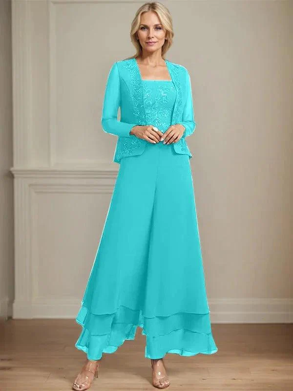 Separates Jumpsuit/Pantsuit Square Ankle-Length Lace Chiffon Mother of the Bride Dress With Sequins - Image 44