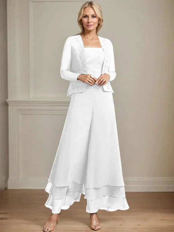 Separates Jumpsuit/Pantsuit Square Ankle-Length Lace Chiffon Mother of the Bride Dress With Sequins - Image 45