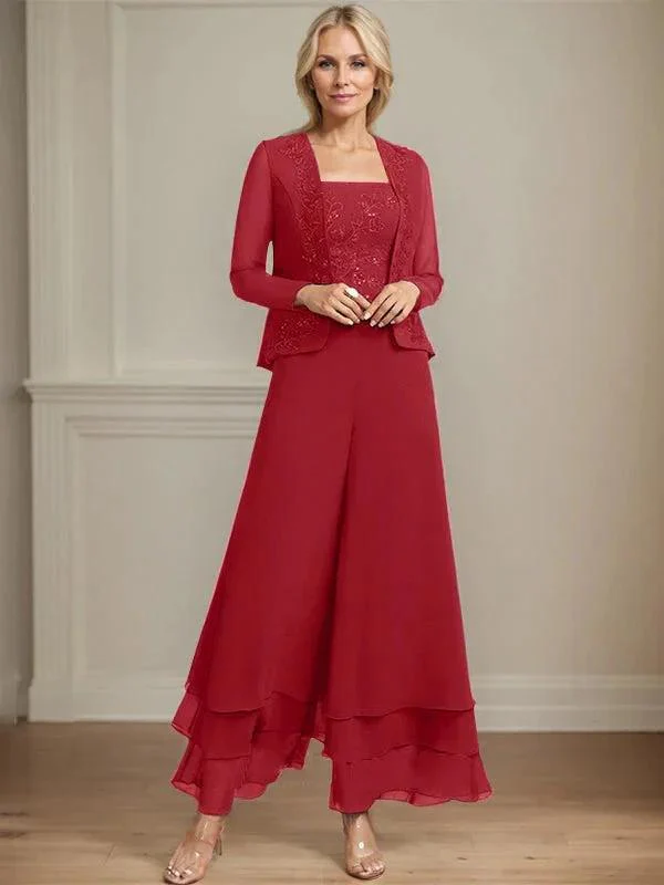 Separates Jumpsuit/Pantsuit Square Ankle-Length Lace Chiffon Mother of the Bride Dress With Sequins - Image 46