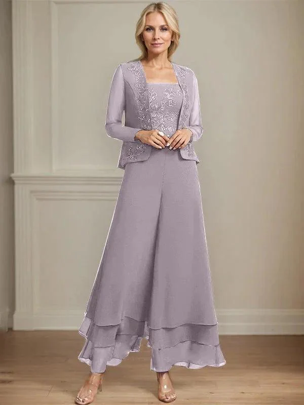 Separates Jumpsuit/Pantsuit Square Ankle-Length Lace Chiffon Mother of the Bride Dress With Sequins - Image 47