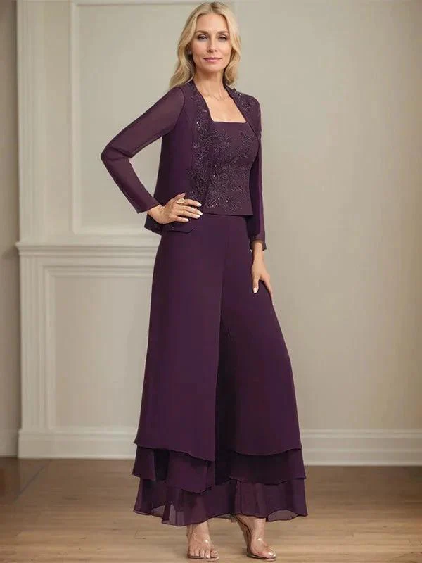Separates Jumpsuit/Pantsuit Square Ankle-Length Lace Chiffon Mother of the Bride Dress With Sequins - Image 6
