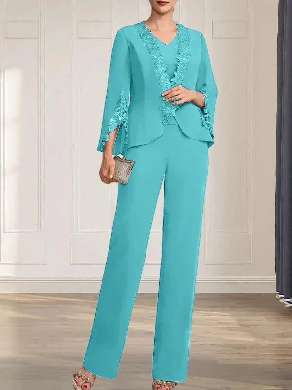 Separates Jumpsuit/Pantsuit V-Neck Floor-Length Chiffon Mother of the Bride Dress - Image 10