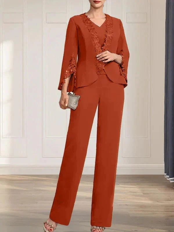 Separates Jumpsuit/Pantsuit V-Neck Floor-Length Chiffon Mother of the Bride Dress - Image 14