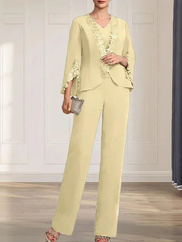 Separates Jumpsuit/Pantsuit V-Neck Floor-Length Chiffon Mother of the Bride Dress - Image 15
