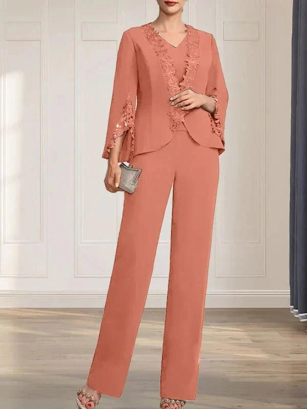 Separates Jumpsuit/Pantsuit V-Neck Floor-Length Chiffon Mother of the Bride Dress - Image 16