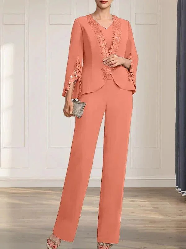 Separates Jumpsuit/Pantsuit V-Neck Floor-Length Chiffon Mother of the Bride Dress - Image 17