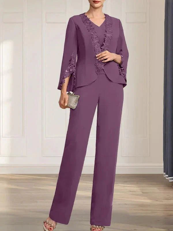 Separates Jumpsuit/Pantsuit V-Neck Floor-Length Chiffon Mother of the Bride Dress - Image 21