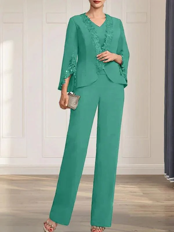 Separates Jumpsuit/Pantsuit V-Neck Floor-Length Chiffon Mother of the Bride Dress - Image 24