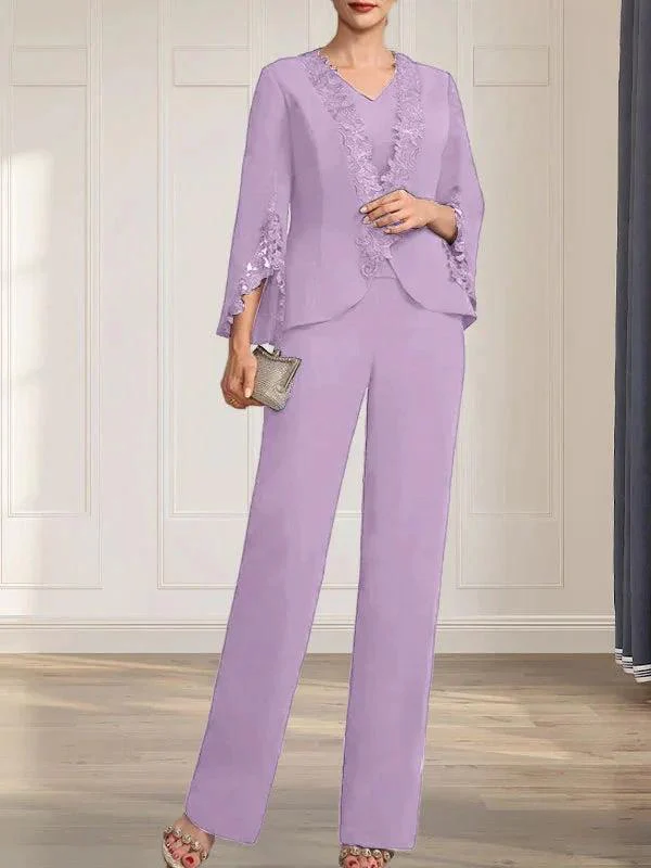 Separates Jumpsuit/Pantsuit V-Neck Floor-Length Chiffon Mother of the Bride Dress - Image 25