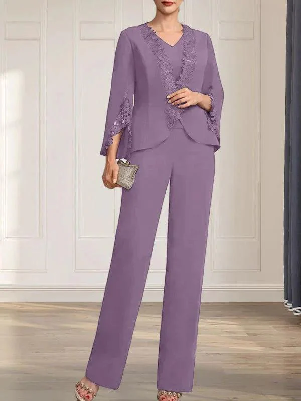 Separates Jumpsuit/Pantsuit V-Neck Floor-Length Chiffon Mother of the Bride Dress - Image 28