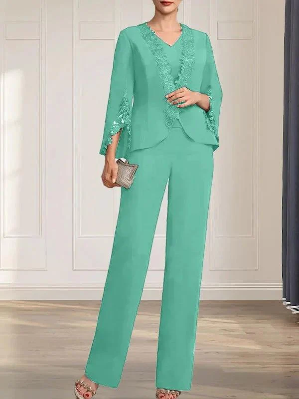 Separates Jumpsuit/Pantsuit V-Neck Floor-Length Chiffon Mother of the Bride Dress - Image 29