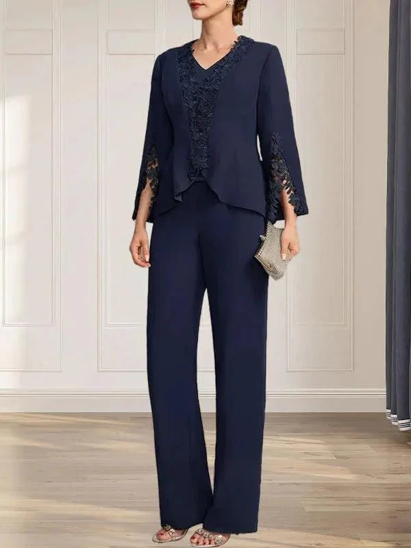 Separates Jumpsuit/Pantsuit V-Neck Floor-Length Chiffon Mother of the Bride Dress - Image 3