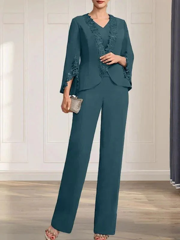 Separates Jumpsuit/Pantsuit V-Neck Floor-Length Chiffon Mother of the Bride Dress - Image 33