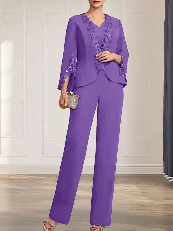 Separates Jumpsuit/Pantsuit V-Neck Floor-Length Chiffon Mother of the Bride Dress - Image 35