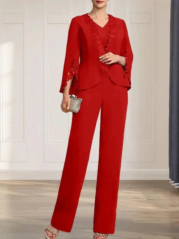 Separates Jumpsuit/Pantsuit V-Neck Floor-Length Chiffon Mother of the Bride Dress - Image 36