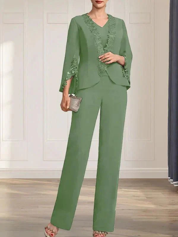 Separates Jumpsuit/Pantsuit V-Neck Floor-Length Chiffon Mother of the Bride Dress - Image 39