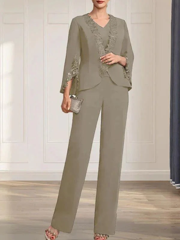 Separates Jumpsuit/Pantsuit V-Neck Floor-Length Chiffon Mother of the Bride Dress - Image 40