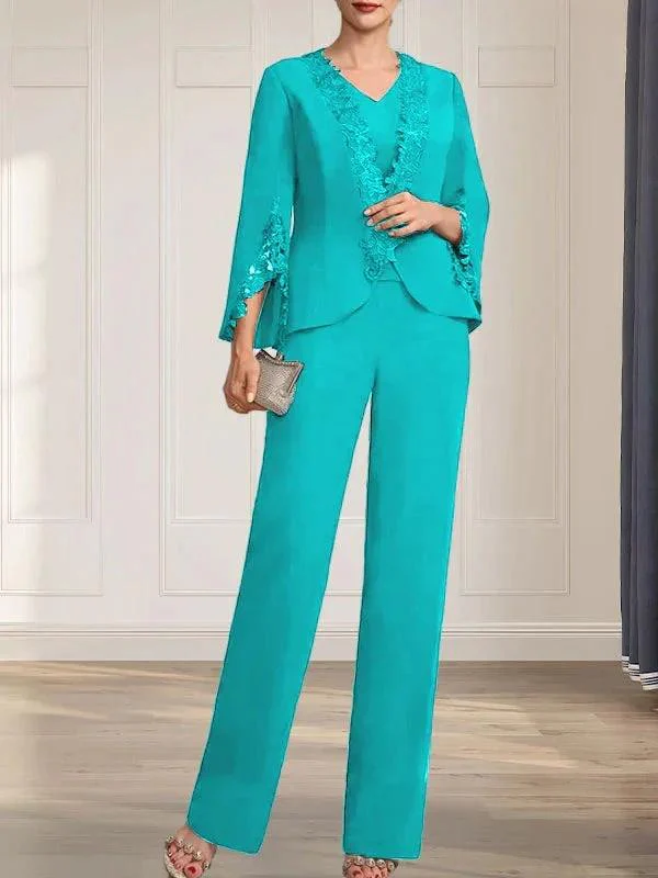 Separates Jumpsuit/Pantsuit V-Neck Floor-Length Chiffon Mother of the Bride Dress - Image 42