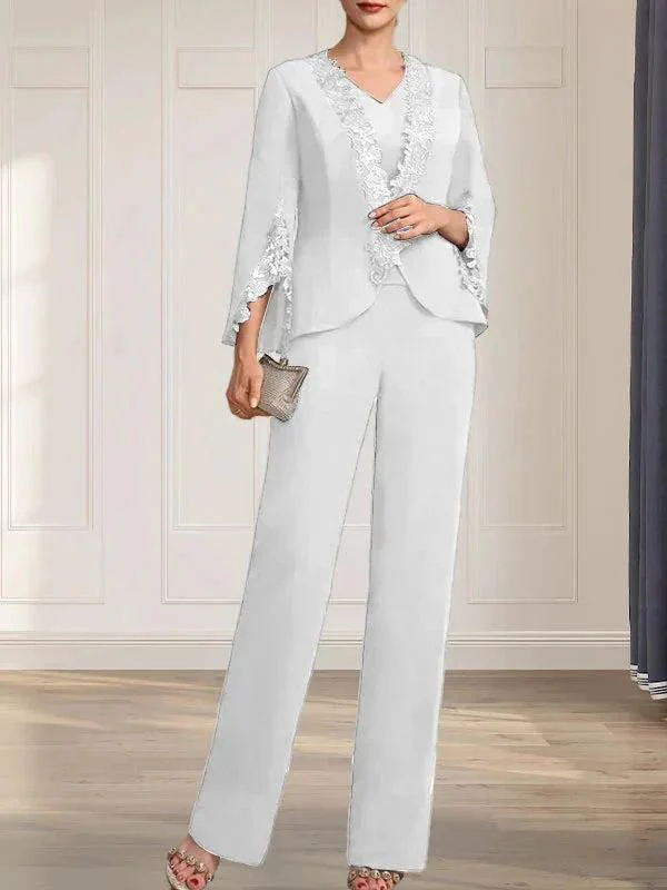 Separates Jumpsuit/Pantsuit V-Neck Floor-Length Chiffon Mother of the Bride Dress - Image 43