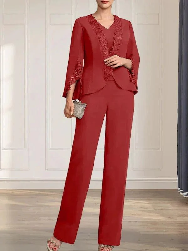 Separates Jumpsuit/Pantsuit V-Neck Floor-Length Chiffon Mother of the Bride Dress - Image 44