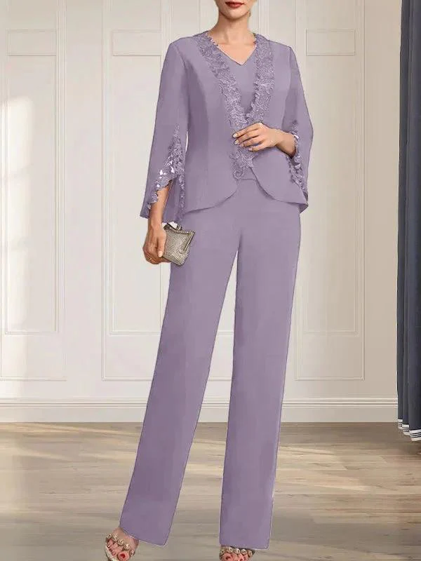 Separates Jumpsuit/Pantsuit V-Neck Floor-Length Chiffon Mother of the Bride Dress - Image 45