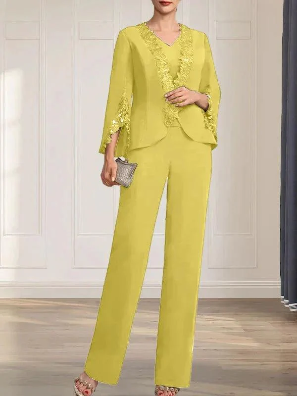 Separates Jumpsuit/Pantsuit V-Neck Floor-Length Chiffon Mother of the Bride Dress - Image 46