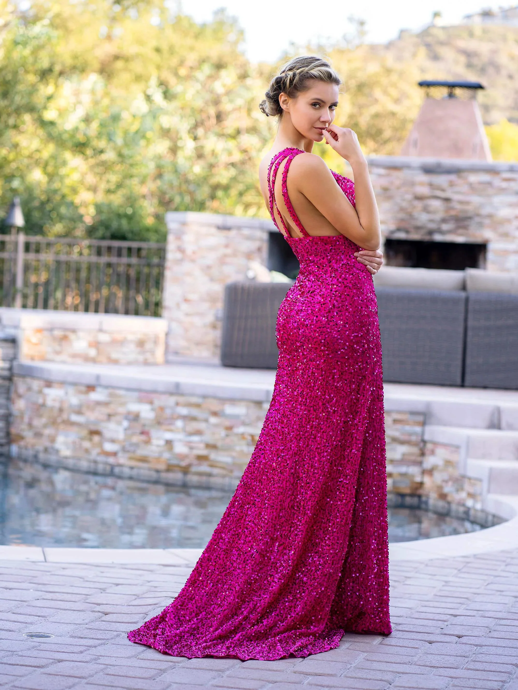 Fuchsia Mermaid One Shoulder Sequin Long Prom Dress with Slit - Image 2
