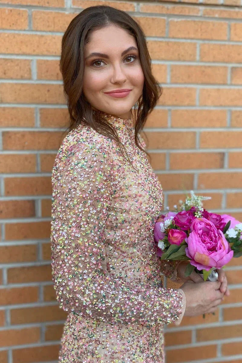 Sequin Long Sleeve Open Back Short Homecoming Dress Y2497 - Image 3