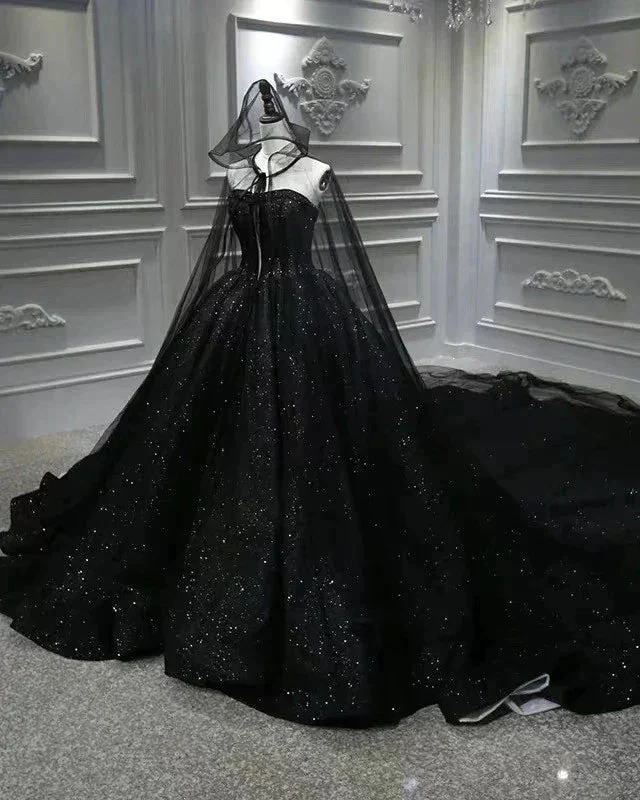 Sequin Shiny Strapless Black Ball Gown Princess Prom Dresses Y56 - Image 2