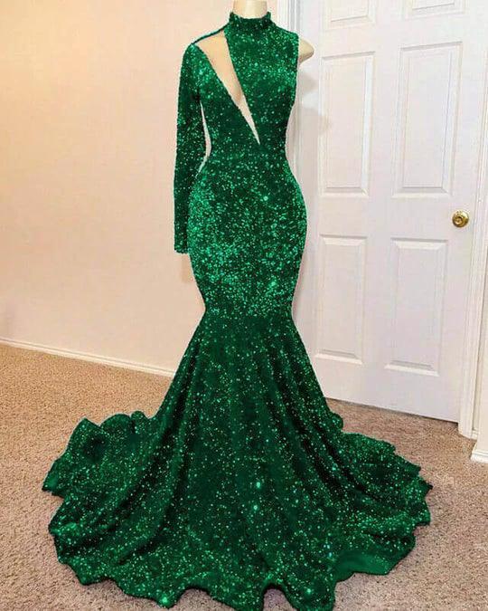 Sequined Green Mermaid Floor Length Prom Gown with High Neck and Long Sleeves - Image 2