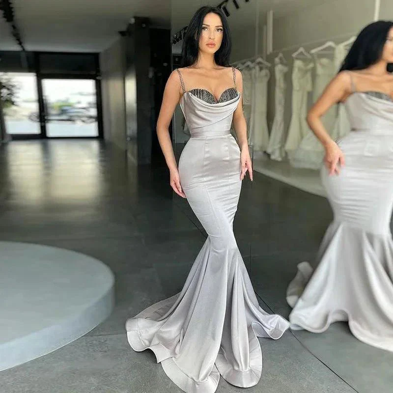 Sequined Silver Gray Spaghetti-Straps Mermaid Prom Dress - Image 2