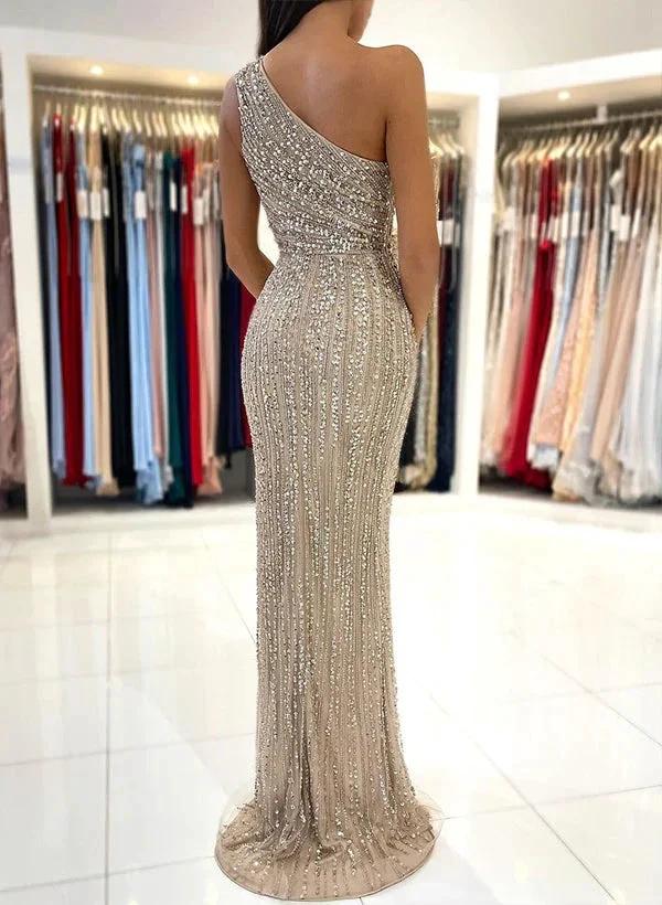 Elegant Mermaid One Shoulder Sequined Sleeveless Long Prom Dress with Front Split - Image 3