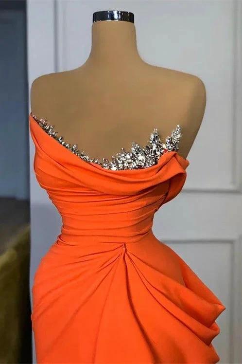Sequined Strapless Orange Mermaid Draped Satin Long Prom Dress - Image 2