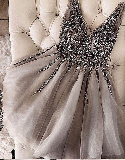 Sequins Beaded V-neck Tulle Short Prom Dresses Gray Homecoming Dresses PD336 - Image 2