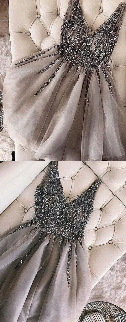 Sequins Beaded V-neck Tulle Short Prom Dresses Gray Homecoming Dresses PD336 - Image 3