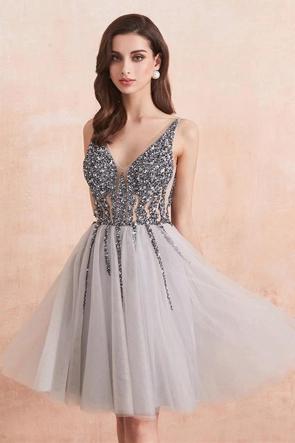 Sequins Beaded V-neck Tulle Short Prom Dresses Gray Homecoming Dresses PD336 - Image 4
