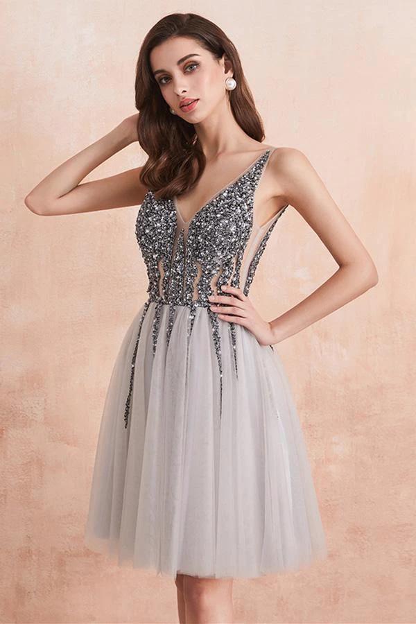 Sequins Beaded V-neck Tulle Short Prom Dresses Gray Homecoming Dresses PD336 - Image 5