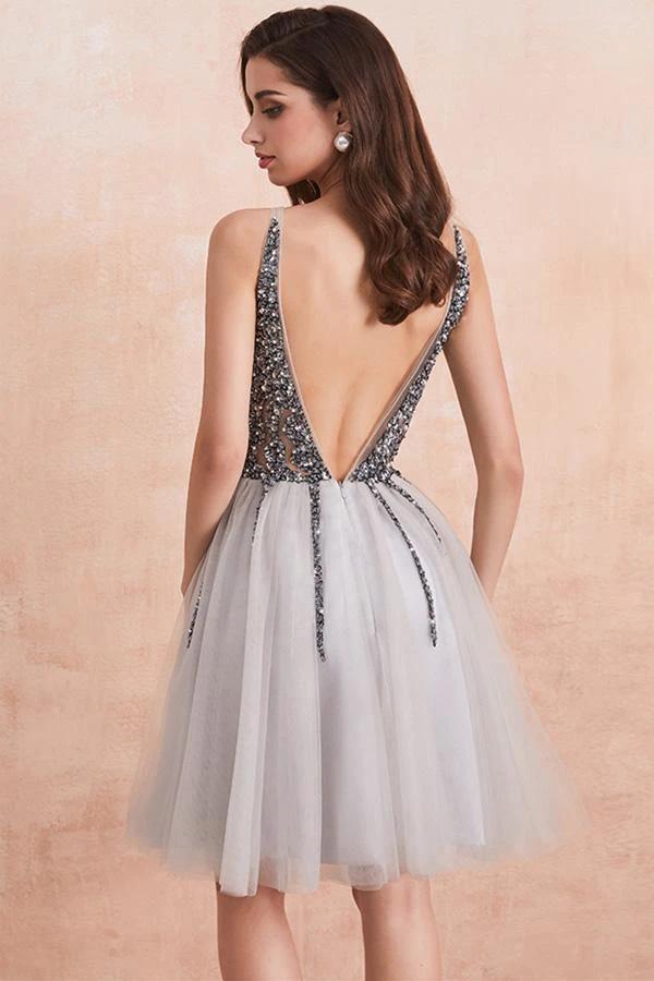 Sequins Beaded V-neck Tulle Short Prom Dresses Gray Homecoming Dresses PD336 - Image 6