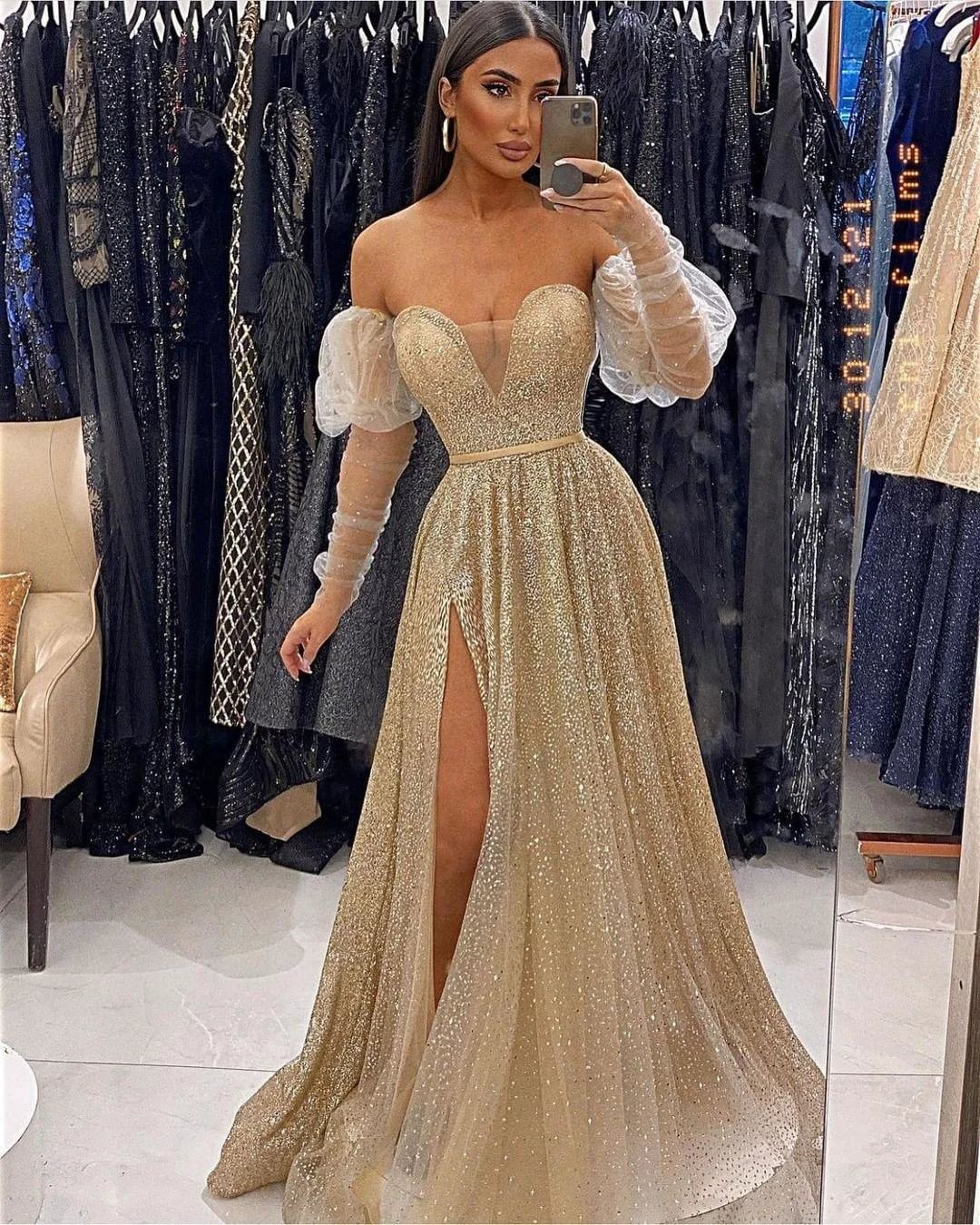 Sequins Champagne V-Neck Evening Dress with Front Split and Long Sleeves - Image 2