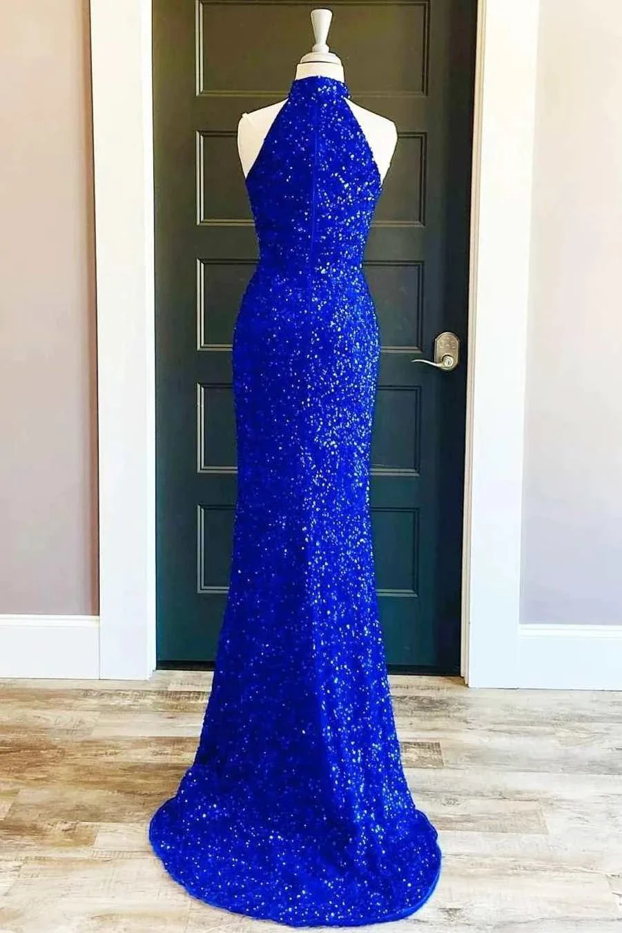 Sequins High Neck Royal Blue Long Party Dress With Slit SYP91 - Image 2