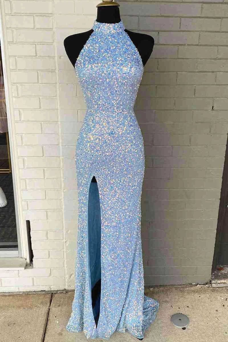 Sequins High Neck Royal Blue Long Party Dress With Slit SYP91 - Image 3