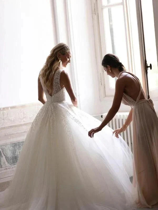 Sequins Lace V-neck Neckline Chapel Train A-line Wedding Dresses WD563 - Image 2