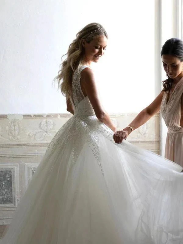 Sequins Lace V-neck Neckline Chapel Train A-line Wedding Dresses WD563 - Image 6