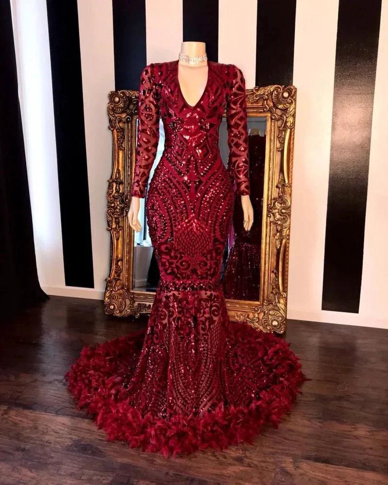Sequins Mermaid Floor Length Prom Dress Burgundy Long Sleeves - Image 2