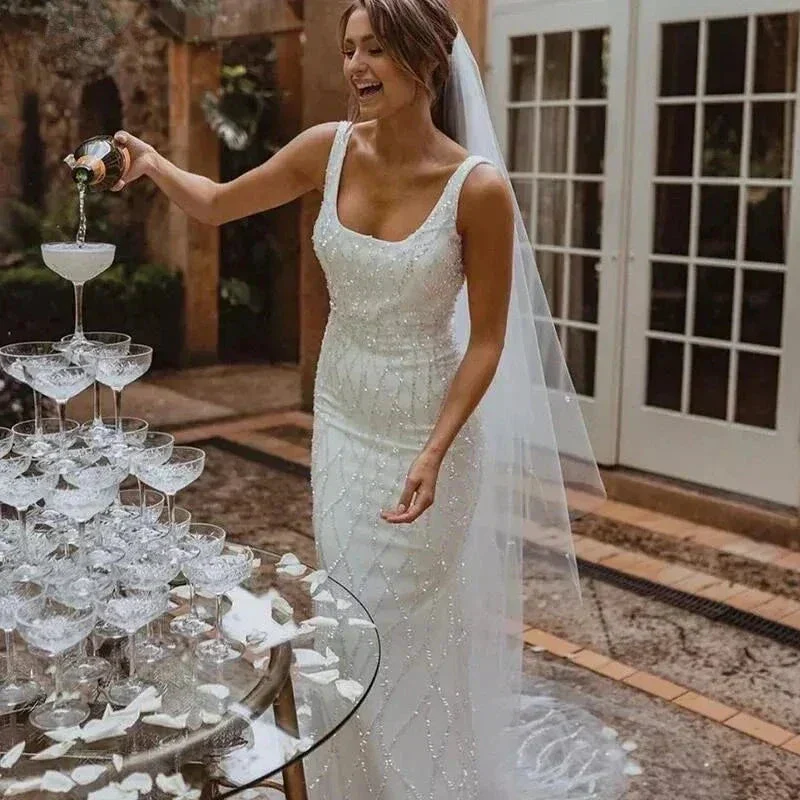 Sequins Mermaid Wedding Dresses 2023 Women's Modern Square Neck Sleeveless Bridal Gowns Satin Tulle Vesidos De Novia Robe De - Image 2