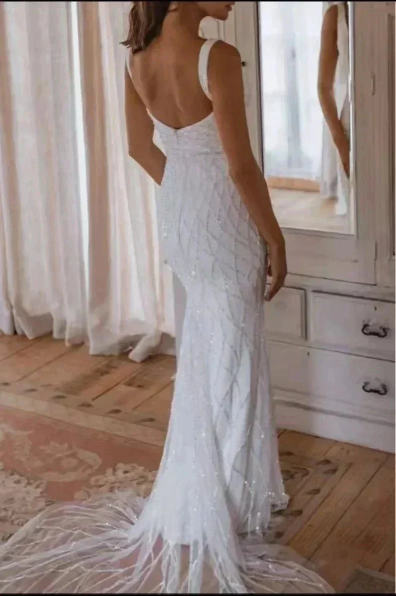 Sequins Mermaid Wedding Dresses 2023 Women's Modern Square Neck Sleeveless Bridal Gowns Satin Tulle Vesidos De Novia Robe De - Image 3