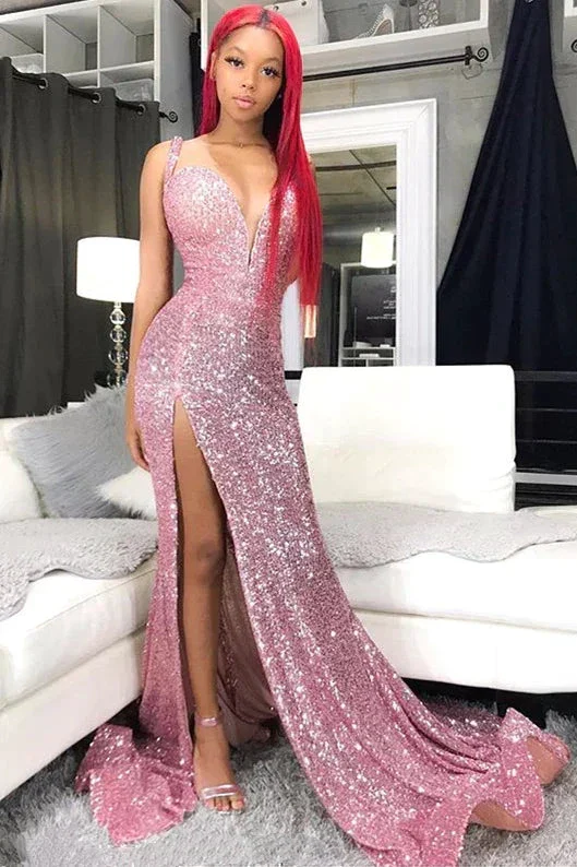 Sequins Pink Prom Dresses Cheap | Mermaid Sexy Slit Formal Evening Gowns Long Y978 - Image 2